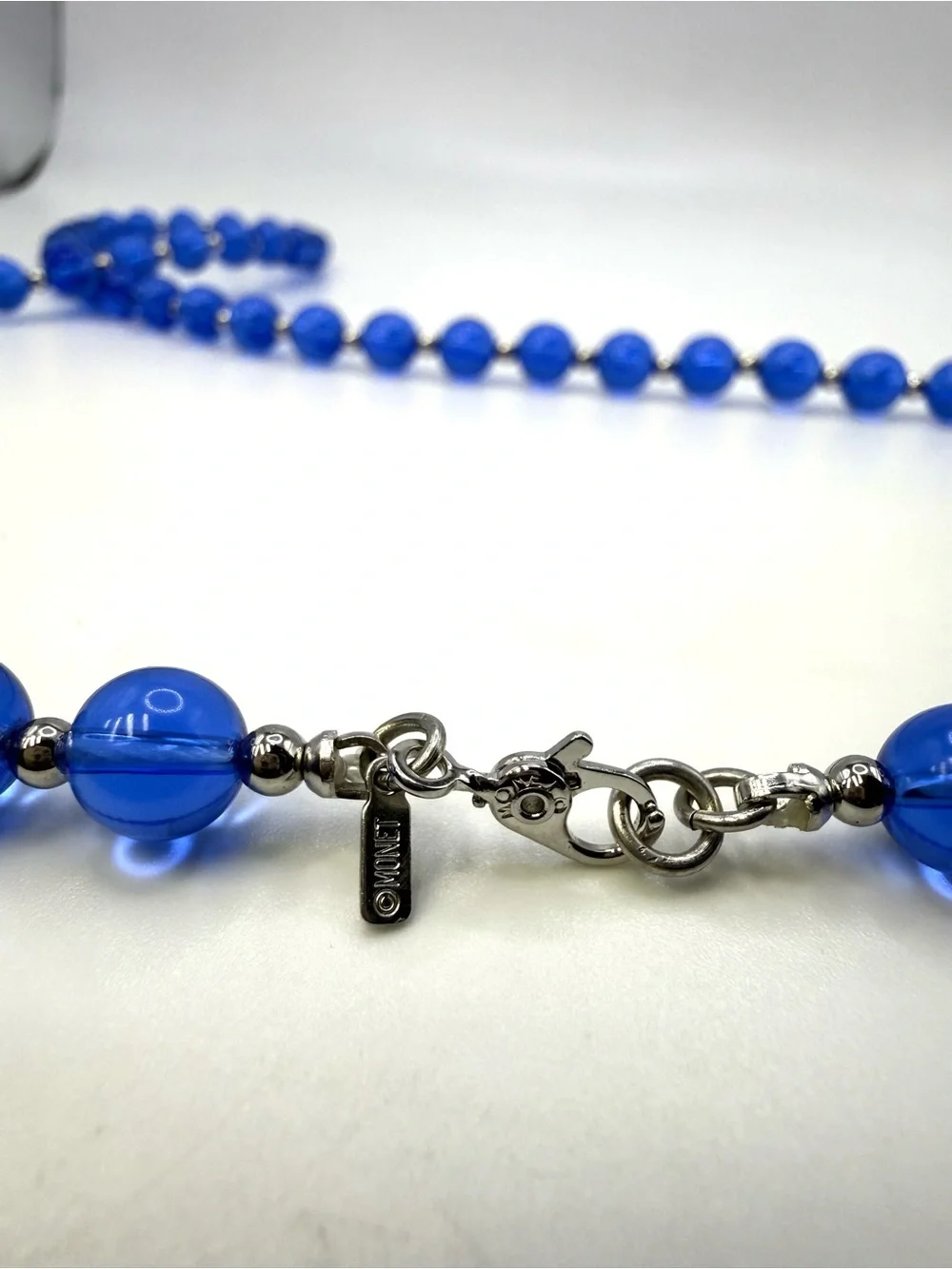 Monet Cobalt Blue Beaded Necklace Silver Tone 27.5” Long Statement Necklace